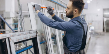 Radnik u industrijskom pogonu za prozore