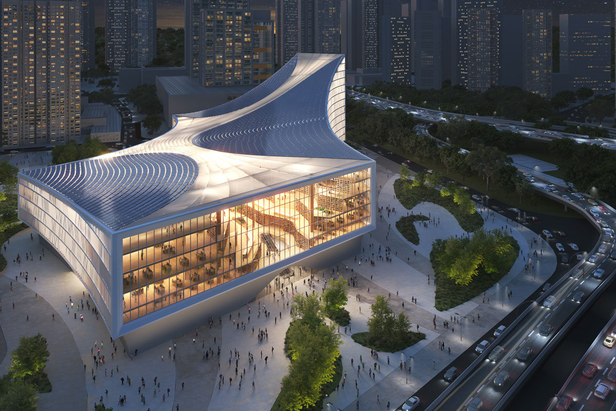 Projekt: MVRDV - Knjižnica u Wuhanu, noćni prikaz / foto: MVRDV