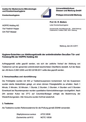 Higijenska ekspertiza za antimikrobnu delotvornost obloge SecuSan® u vremenskom toku
